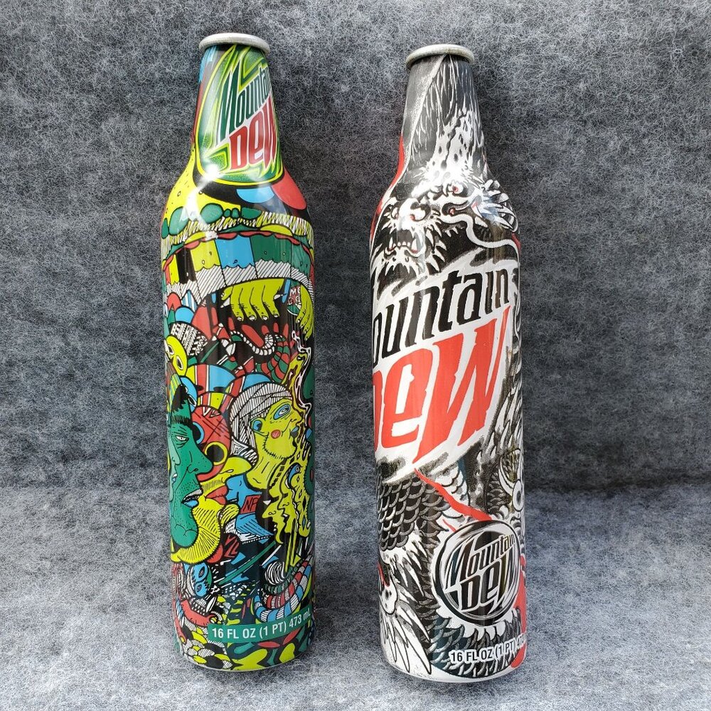 Mountain Dew Lot Of 2 Collectible Aluminum Bottles Psychedelic & Dragon Designs